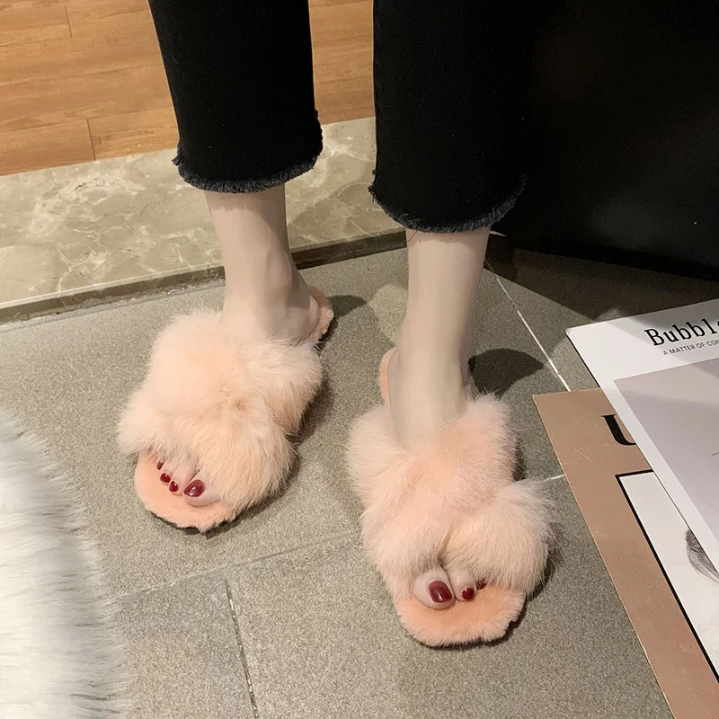 

Hot Selling Women Slippers Autumn Winter Korean Flat Fashion Cross Design Plush Slippers -B5