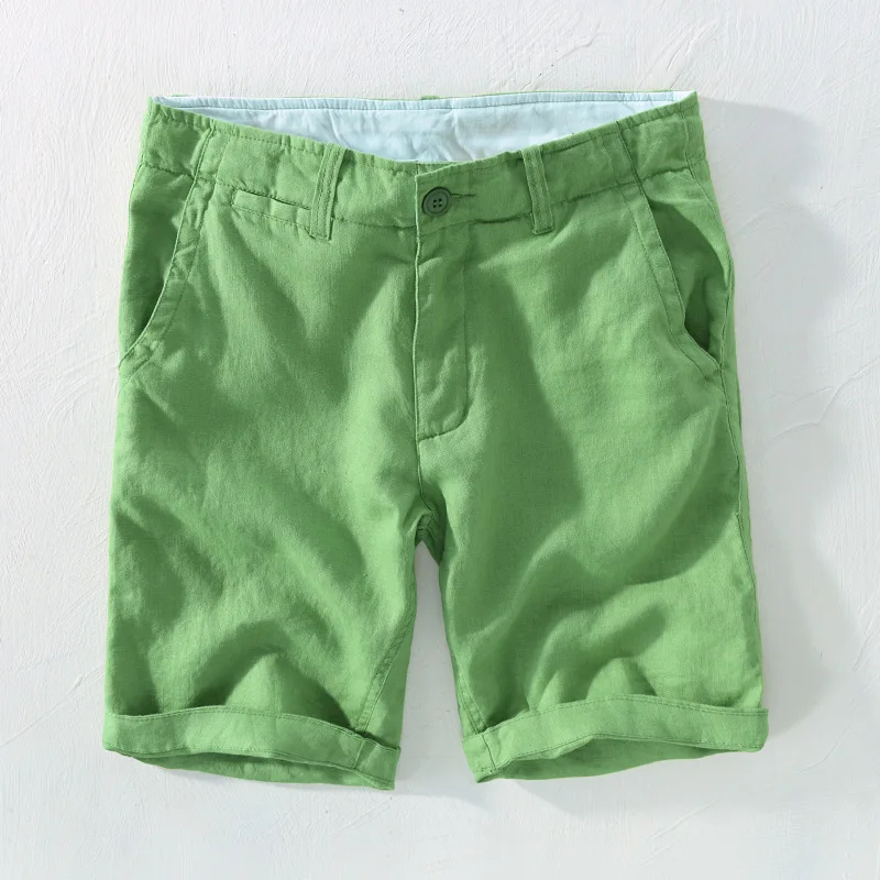 green Мужские летние Винтажные льняные однотонные свободные шорты в японском стиле на молнии с карманом, Мужские Белые пляжные повседневные шорты - Цвет: green