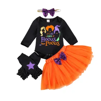 

Baby Girls Clothes 3pcs Halloween Set Long Sleeve Round Collar Letters Bat Printed Patterns Romper + Orange Skirt + Ankle Socks