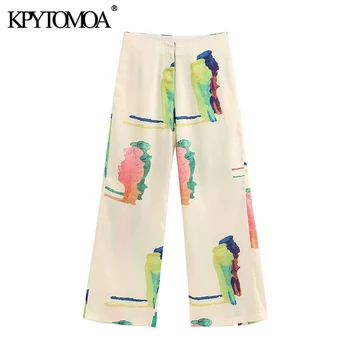 

KPYTOMOA Women 2020 Chic Fashion Print Wide Leg Pants Vintage Zipper Fly Side Pockets Female Trousers Casual Pantalones Mujer