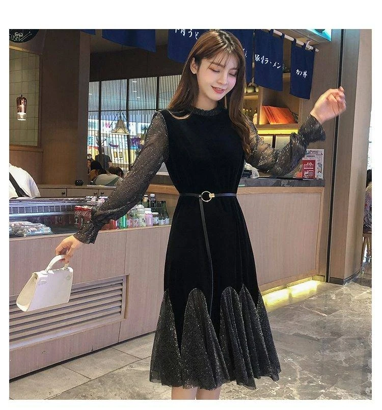 

2020 Spring Plus Size Women's Gold Velvet Mesh Splicing Base In Long Section Slim Temperament Fshtail Vestidos Party Dress WF85