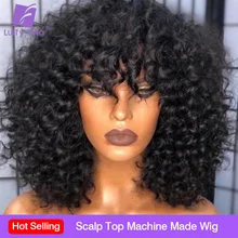 200 Density Curly Human Hair Wigs With Bangs Scalp Top Full Machine Made Wig Remy Brazilian Short Curly Wig For Women Luffywig
