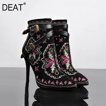 

[DEAT] 2020 Pointed Toe Double Belt Buckle Embroidery Genuine Leather Single Women Thin Heels Boots New Spring Summer 10H729