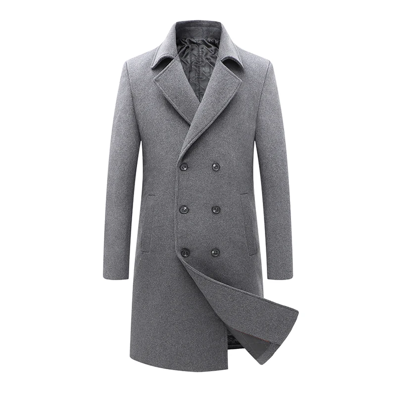 

Autumn and winter new plus cotton thick double-breasted mid-length woolen coat business casual Korean Slim jacket men