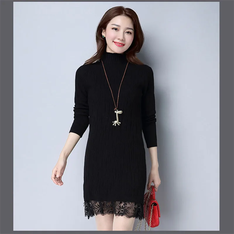 Women Sweaters And Pullovers 2020 Women's Turtleneck Autumn Winter Sweater Knitted Green Slim Knit Tops With Lace WXF548