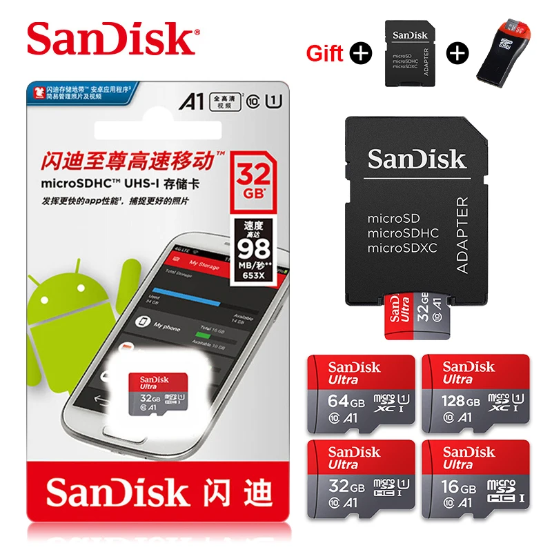 SanDisk micro sd 128 Гб 64 100 МБ/с./с 32 ГБ 16 TF usb флеш-карта памяти microsd класс 10 карта