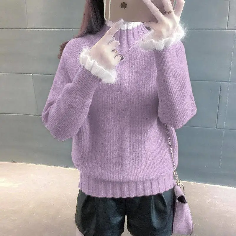 Зимние женские милые свободные полуводолазки трикотажные пуловеры свитер женский толстый плюс бархатный низ Трикотаж Джемпер X63 - Цвет: purple plus velvet