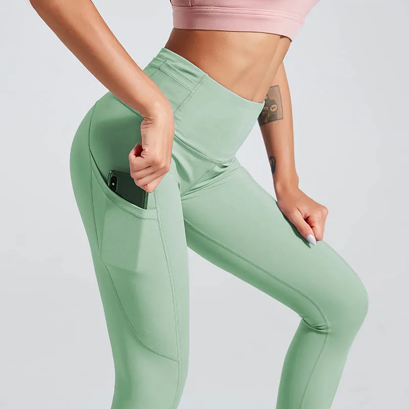 Y6067 Green HEYJOE Soild лоскутные леггинсы женские сексуальные персиковые Харт спортивные Леггинсы с карманами для фитнеса Feminina фитнес высококачественные нейлоновые штаны - Цвет: Y6067 Green