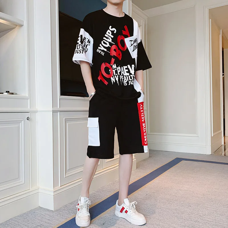 

2019 New Style Men Casual Summer Shorts a Set of Clothes Trend Mixed Colors Loose-Fit Half-sleeve Shirt T-shirt Suit 643