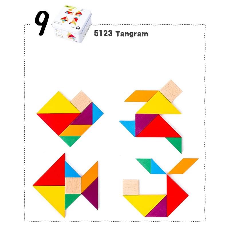 Tangram Здоровые деревянные дорожные Кубики-головоломки, игрушки в жестяной коробке, Детские Волшебные кубики, детские строительные блоки, деревянные развивающие игрушки - Цвет: Tangram