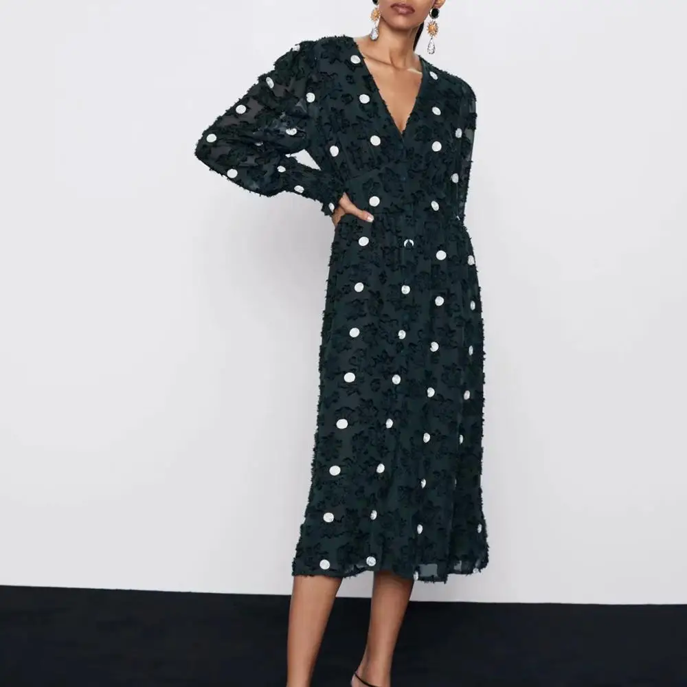 

ZA women dress 2019 green jacquard dot lantern sleeve V-neck chic ladies slim elegant long dress woman dresses
