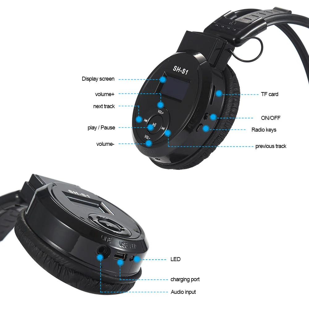 Universal Foldable Sports Wireless Headset LED FM Radio Headphone with LCD Screen Support TF Card for Computer Phone