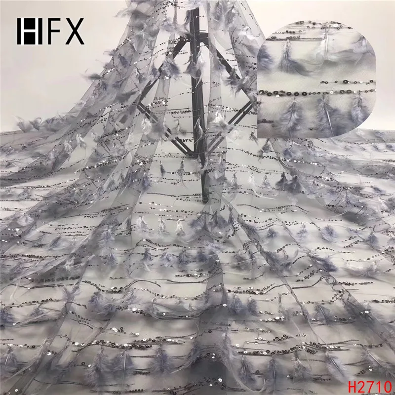 

Luxury african lace fabric with feather embroidered net tulle mesh lace grey french sequins lace fabrics for wedding dress F2710