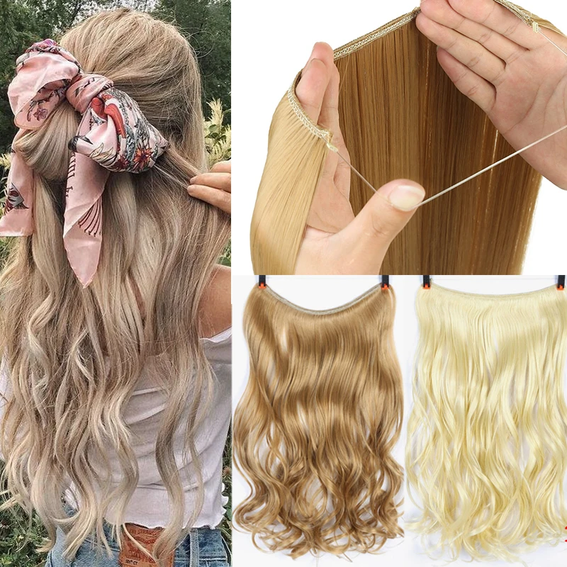 

AILIADE 22" Women Fish Line Hair Extensions Brown Blonde Natural Long Straight Wavy Heat Resistant Synthetic No Clip Hairpiece