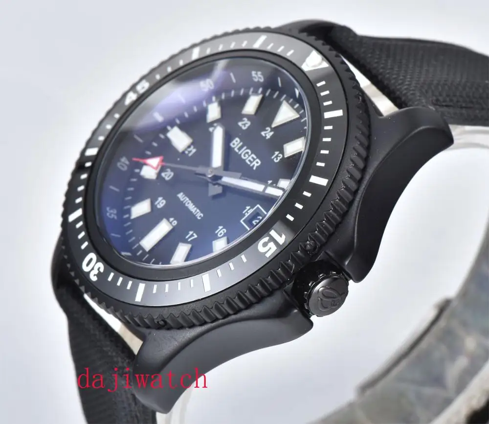 Corgeut44mm BLIGER черные светящиеся автоматические мужские модные часы с кожаным ремешком в стиле кэжуал корпус из нержавеющей стали водонепроницаемые механические часы