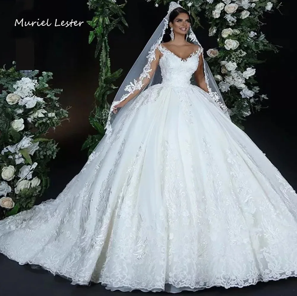 Саудовская арабское бальное платье роскошное свадебное платье Robe De Mariee 2019 Кружева Аппликации для свадебных платьев v шеи Vestido De Novias платья