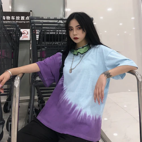 Harajuku Лето ins Корейская женская одежда парные яркое футболки с круглым вырезом Свободные повседневные Модные уличные унисекс Женские топы - Цвет: Синий