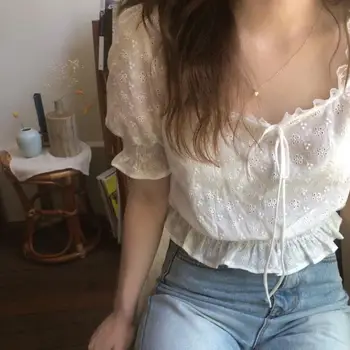 

Flower Embroidery Blouse Women Square Collar Puff Sleeve Vintage Top Elegant Top Shirt Lace Patchwork Summer Shirts Hollow Out