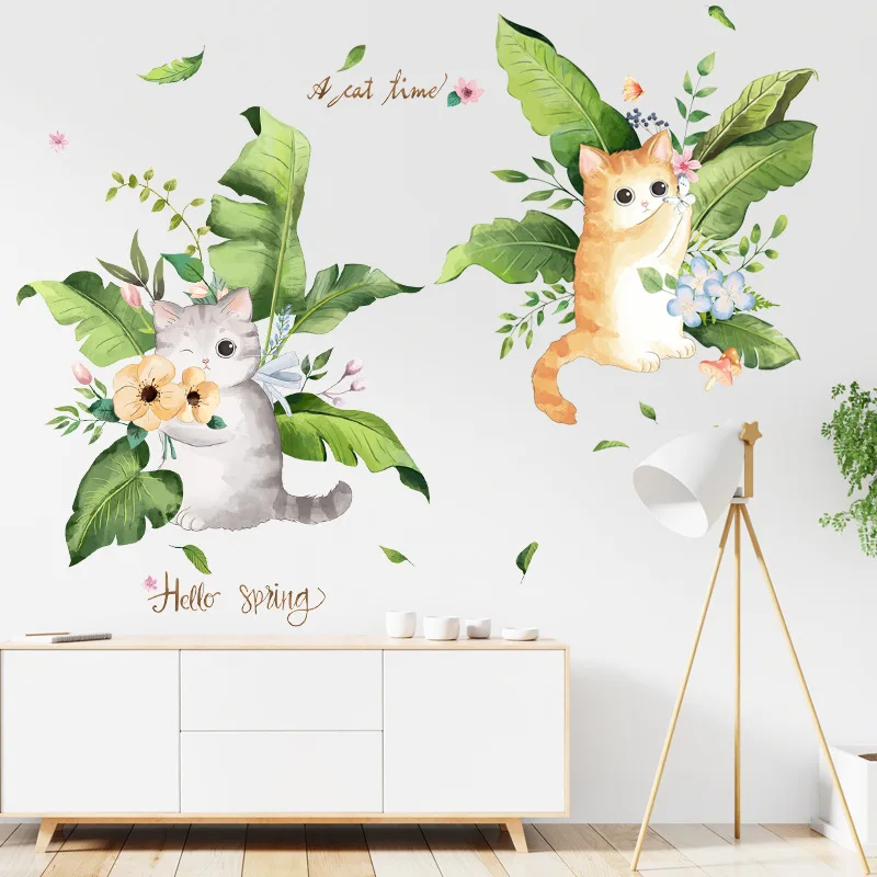 

3D Posters Modern Cat Tropical Green Leaves Wall Stickers Kids Background Princess Bedroom DIY Decor Waterproof Murals Wallpaper