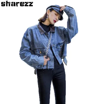 

Sharezz Spring Autumn 2020 New Denim Jacket Women Pu Leather Patchwork Long Sleeve Turn-down Loose Fit Short Coat Tide Fashoin