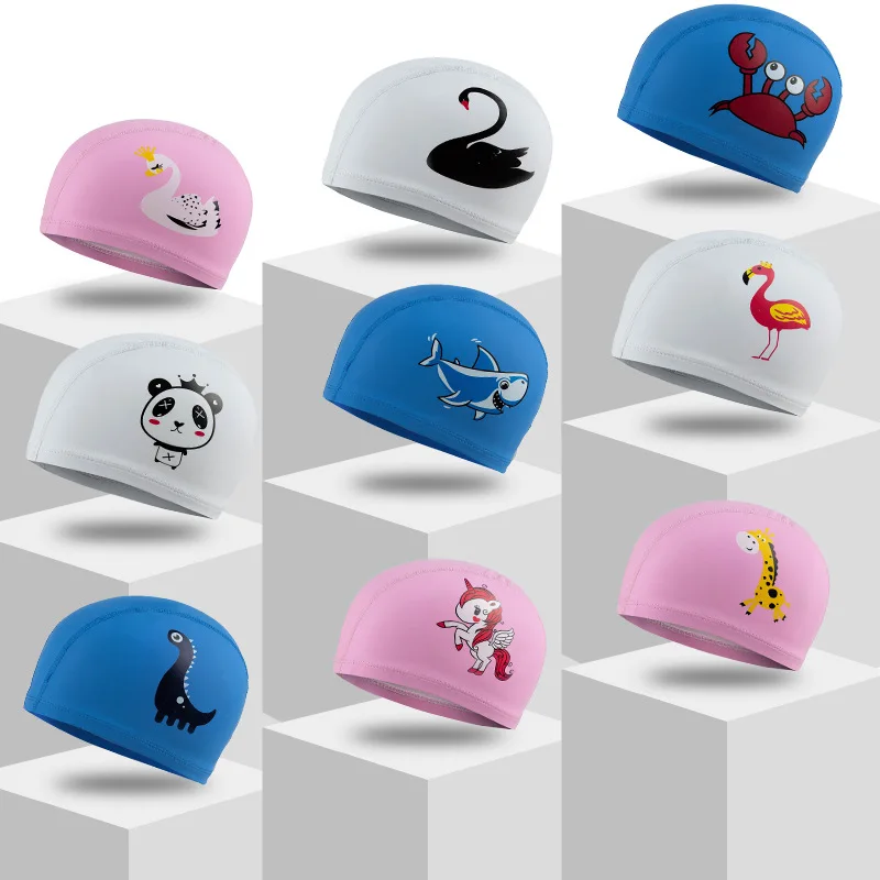 Swimming Cap Children Elastic Fabric Cute Cartoon Long Hair Kids Protect Ears Swim Pool Hat Boys Girls Swim