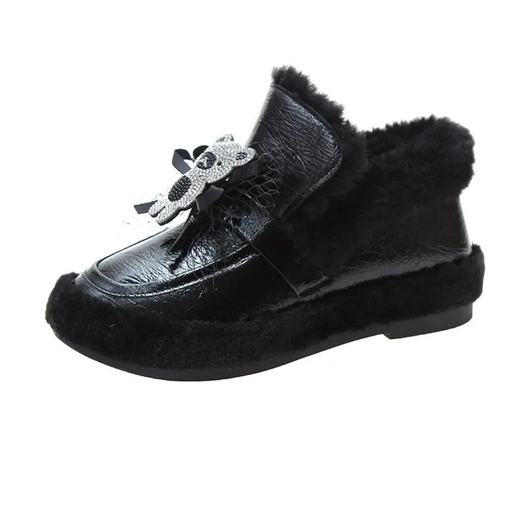 Black W-Яркий стильный комплект одежды; красивая теплая одежда; дикий износ плюс бархат повседневные однотонные туфли без застежек Мокасины с милым медведем русские теплые женские сапоги - Цвет: Black