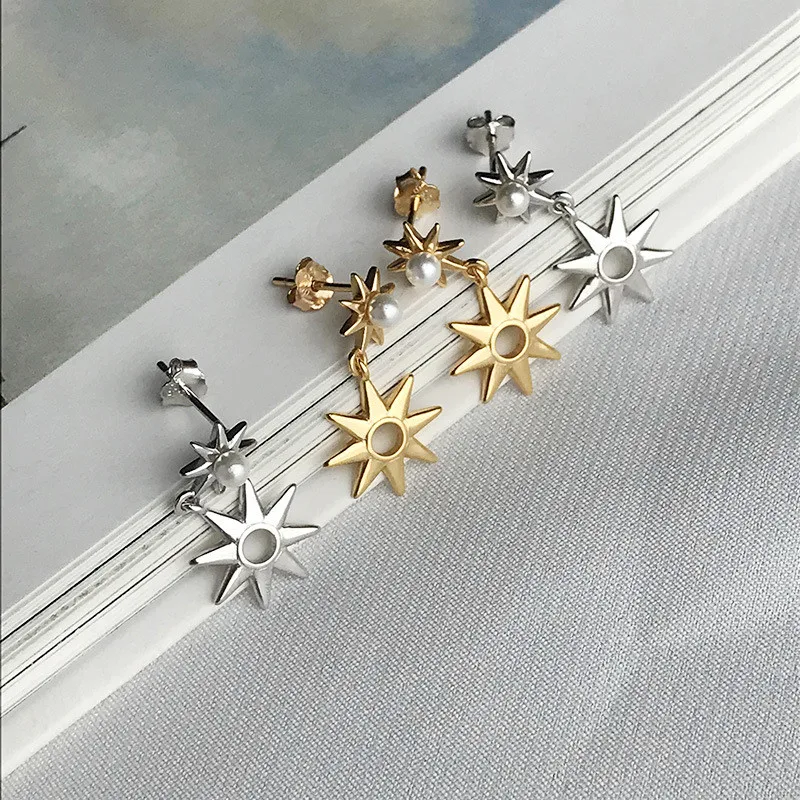 RUIYI Real 925 Sterling Silver Women Cold Wind Fashion Hexameron Charm Earrings Girls Young Niche Sunflower Pearl Stud Earrings