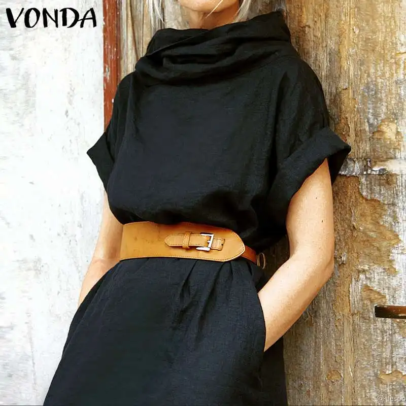 VONDA; сезон осень-лето; однотонное платье; Повседневные Вечерние платья в богемном стиле с высоким воротом; свободный сарафан с короткими рукавами; платье для беременных