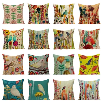 

Painting Birds And Flowers Linen Square Pillowcase Watercolor Cushion Decorative Pillow Cushions Home Decor Sofa Throw Pillows