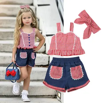 

5 Sets/lot Summer Kids Clothes Baby Girls Clothing Sets Sling T-shirt + shorts + headscarf 3 Pcs Sets Sweet Girl Suit