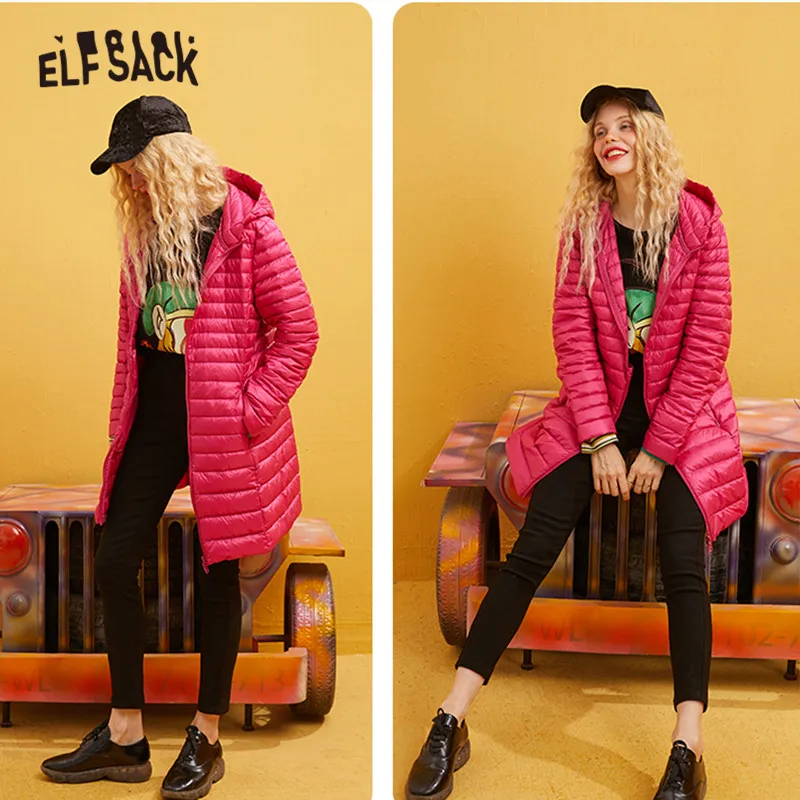 New  ELFSACK Ultra Light 80% White Duck Down Coat Women Solid Color Short Thin Jacket Autumn Winter 2019