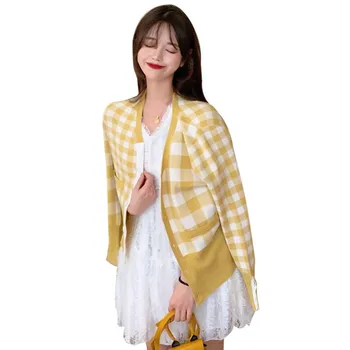 

Z Jacket Women Youth Sweater Fashion Observable V-neck Plaid Sweater Cardigan Slim Long-sleeved Knit Jacket Chaqueta Mujer