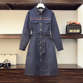 

plus size women autumn long sleeve denim dresses women single breasted shirt dresses blue denim office ladies women clothing