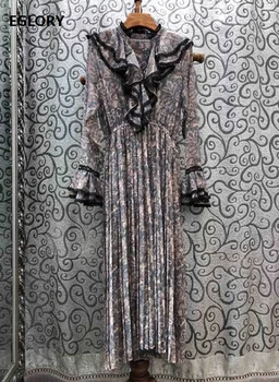 

100%Silk Dress 2020 Spring Style Women V-Neck Ruffle Lace Patchwork Flare Sleeve Mid-Calf Length Vintage Print Dress For Party