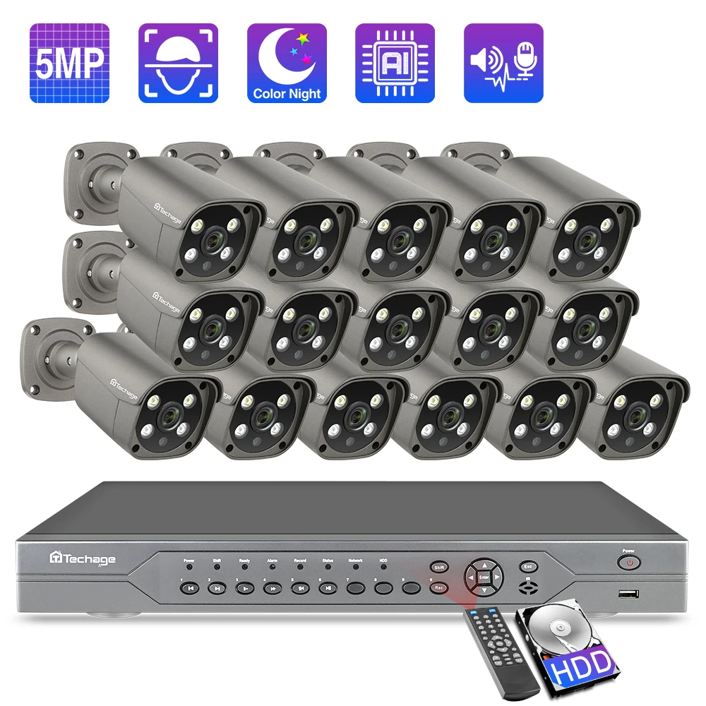 Techage POE NVR Security Camera System 16CH 5MP 48V AI POE IP Camera Two-Way Audio CCTV Vedio Outdoor Surveillance Camera Kit