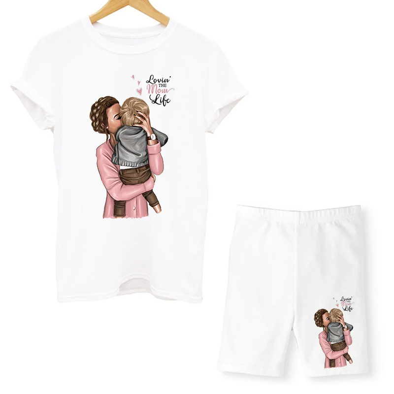 matching top and trousers set Women Two Piece Set Super Mom Tshirts & Shorts Set Summer Short Sleeve Jogging Biker Shorts Sexy Outfit For Woman Track Suit white two piece set