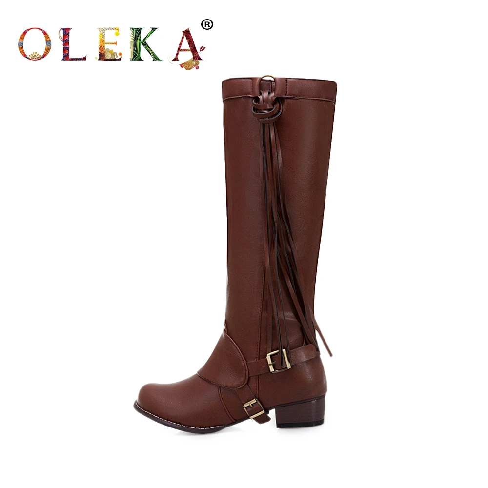 

OLEKA Knee-high Winter Winter Boots Women Square Heel Fringe Round Toe Boots For Women Punk Style Western New Shoes 2020 AS246