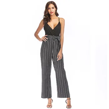 

Sexy Jumpsuits for Women Deep V-neck Striped Stitching Straps Vest Jumpsuit Women Rompers Casual Tanks Overalls Lace up Jumpsuit