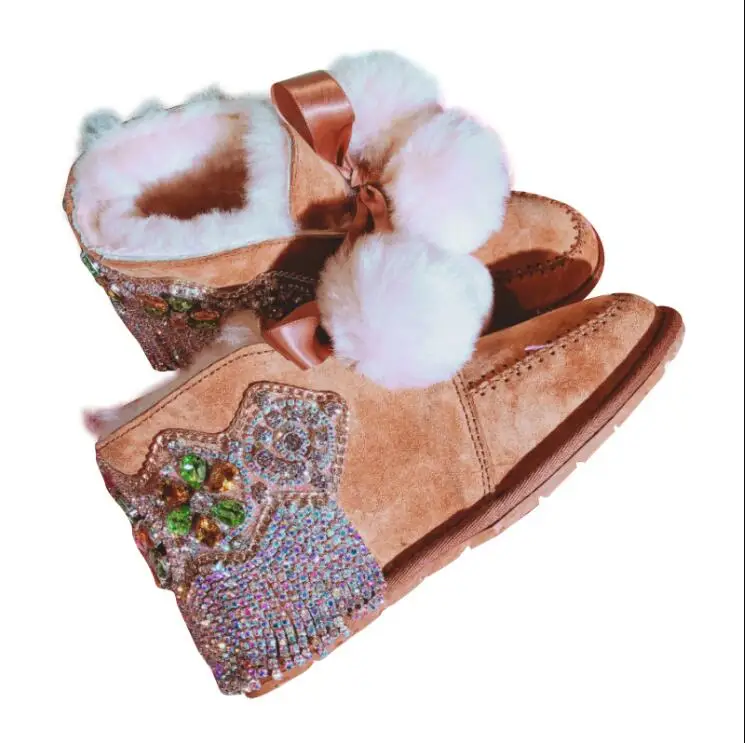 Women Shoes Woman Boots Snow Boots New Winter Handmade Rhinestones Gem Tassel Sheep Fur One Warm Thick Snow Boots X104
