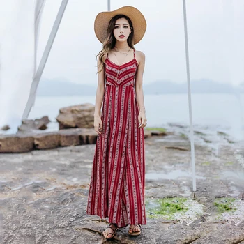 

Pullover Side Slit Summer Striped V Neck Spaghetti Strap Strappy Women Dress Sexy Backless Ankle Sleeveless Cotton Blend