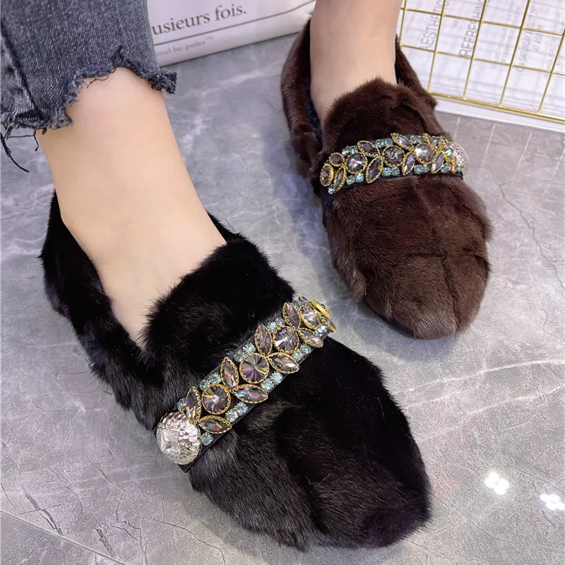 

Luxury Mink Fur Women Flats Crystal Casual Loafers Winter Warm Fur Driving Shoes Woman Size 42 Espadrilles Creepers