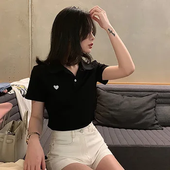 

Women Sexy Slim T-shirt Simple Female Casual Short-Sleeved Turn-down Collar Summer Basic Tee Tops