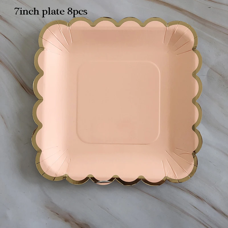 7inch plate 8pcs Золотая фольга, розовый, для дня рождения, свадьбы, Декор, блюдо для торта, одноразовая посуда, набор, вечерние принадлежности, бумажная тарелка, чашка для детского душа - Цвет: 7inch plate 8pcs