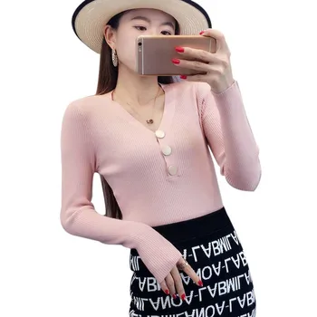 

Korean Version Of The Slim Slimming V-neck Button Long-sleeved Sweater Solid Color Bottoming Sweater 2019