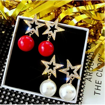 

Charm Pin Stud Earrings Korean Crystal Pentagram Pearl Earrings Lady Net Red Temperament Super Fairy Earrings