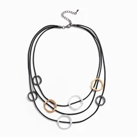 Amorcome 2021 Fashion Long Chains Necklace Jewelry for Women Multi-strand PU Leather Collar Necklace with Metal Circle Pendants