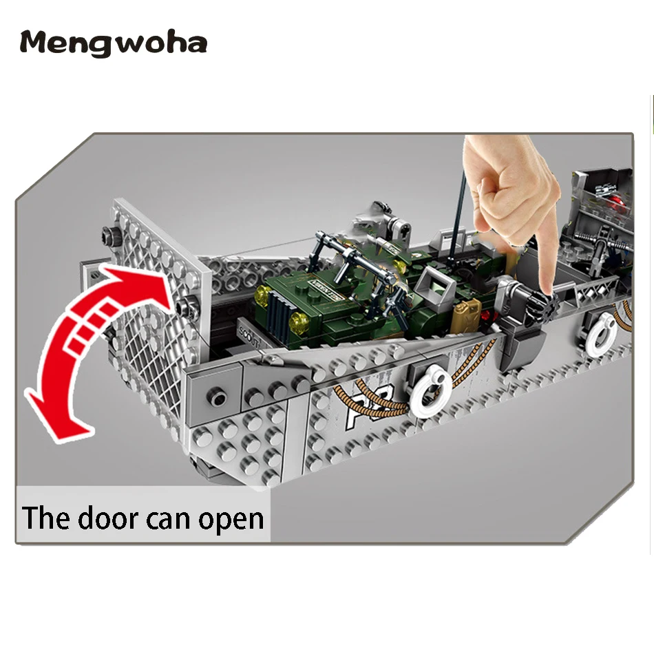  413pcs WW2 Army Building Blocks USA LCM3 Landing Ship Legoingly military bricks With 6 soldier figu