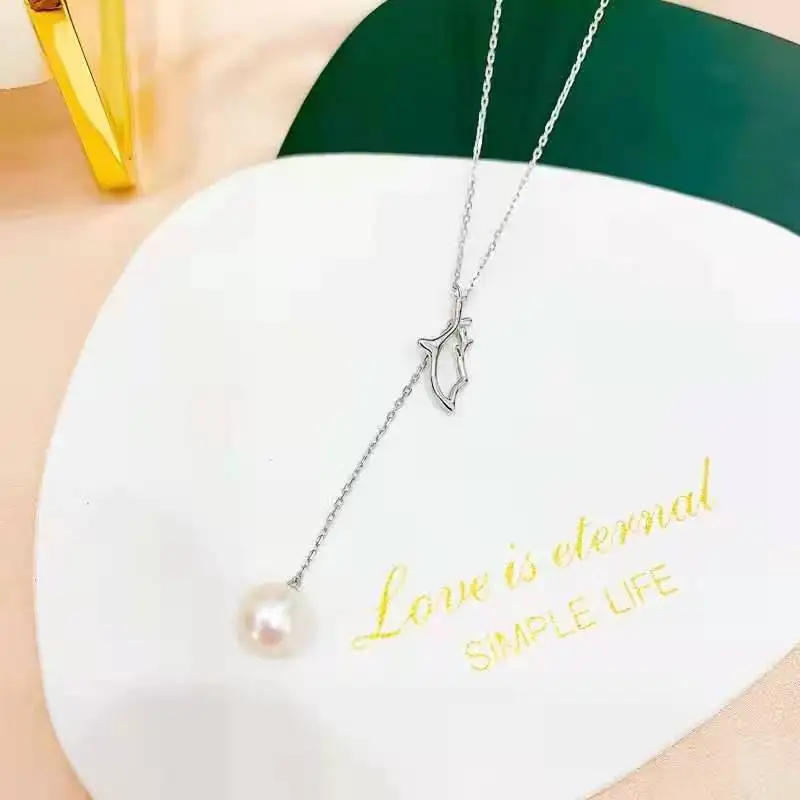 

RY Pure 925 Sterling Silver Round 9-10mm Fresh Water White Pearls Pendants Necklaces for Women Fine Gifts