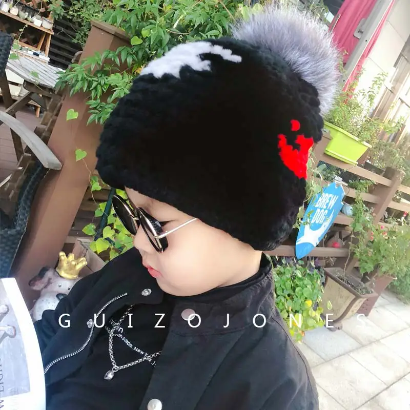 

New Children'S Rabbit Fur Woven Fur Hat Winter Warm Earmuffs Against Color Double-Sided