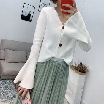 

Female Knitted Cardigan V-Neck Sweater Long Trumpet Sleeve 2019 Autumn Warm Cardigan Women Short Tops